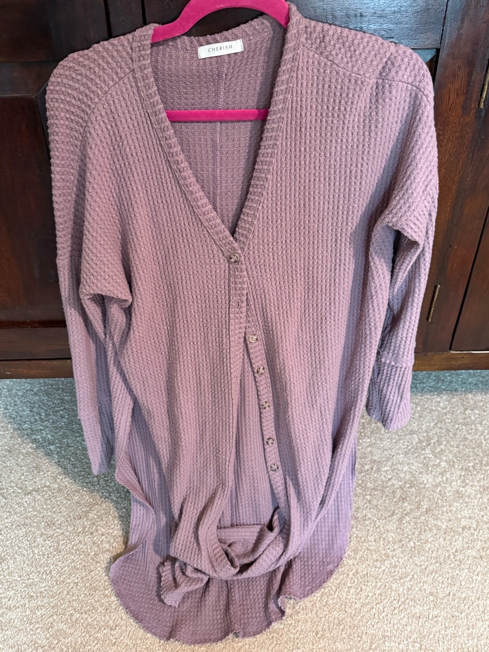 Cherish Dusty Purple Mauve Waffle-Knit Button-Down Cardigan Medium